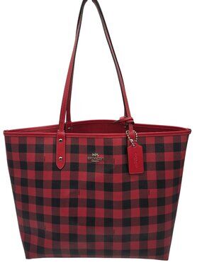 Coach 38094 Reversible Buffalo Plaid City Tote Red Black Leather Canvas Bag